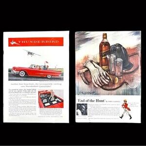 2 ADS 1950's Ford Thunderbird /Johnnie Walker Vintage Print Ad Car Whiskey